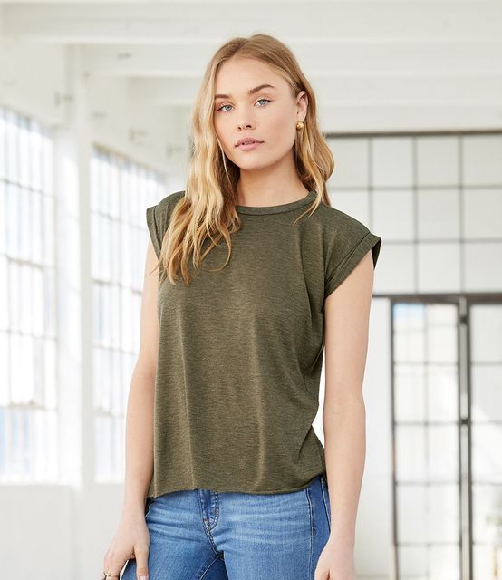 Bella Ladies Flowy Rolled Cuff Muscle T-Shirt