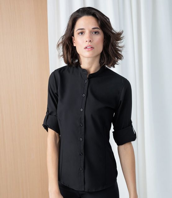 Henbury Ladies Mandarin Roll Sleeve Anti-Bac Wicking Shirt