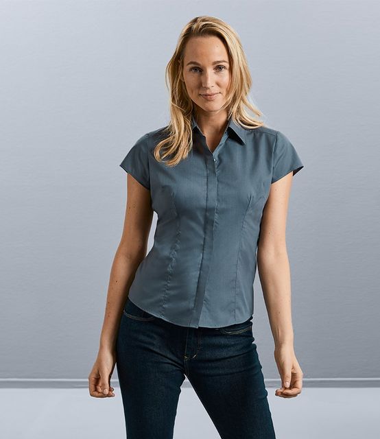 Russell Collection Ladies Cap Sleeve Fitted Poplin Shirt